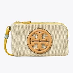 New Tory Burch Perry Bombe Canvas Top-Zip Card Case, Neutral Canvas Accessory